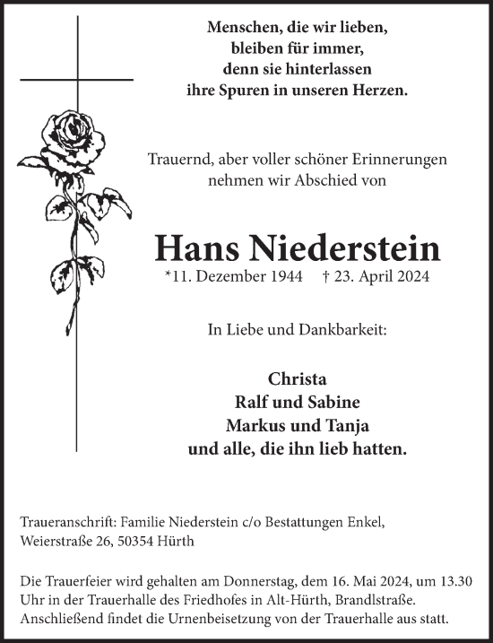 Anzeige von Hans Niederstein von  Wochenende 