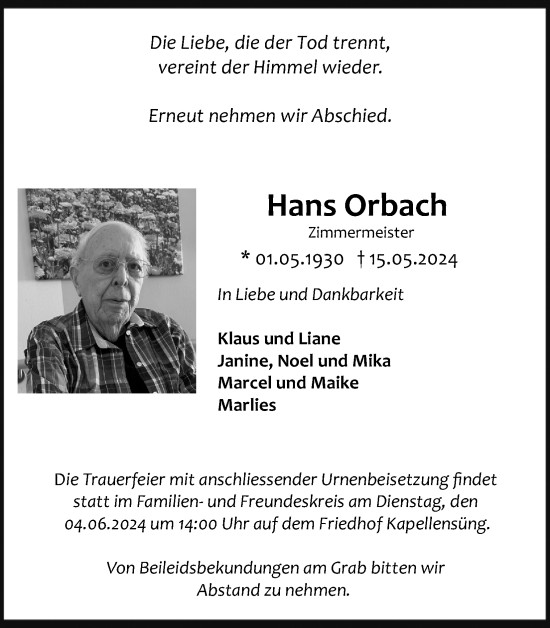 Anzeige von Hans Orbach von Kölner Stadt-Anzeiger / Kölnische Rundschau / Express