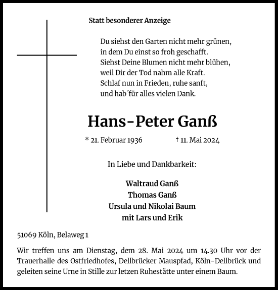 Anzeige von Hans-Peter Ganß von Kölner Stadt-Anzeiger / Kölnische Rundschau / Express