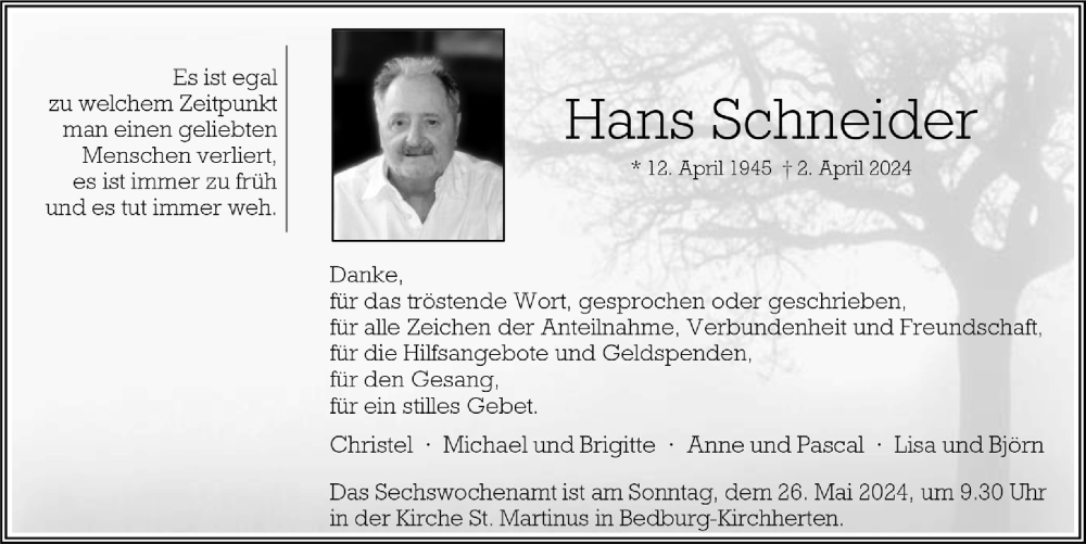  Traueranzeige für Hans Schneider vom 17.05.2024 aus  Werbepost 