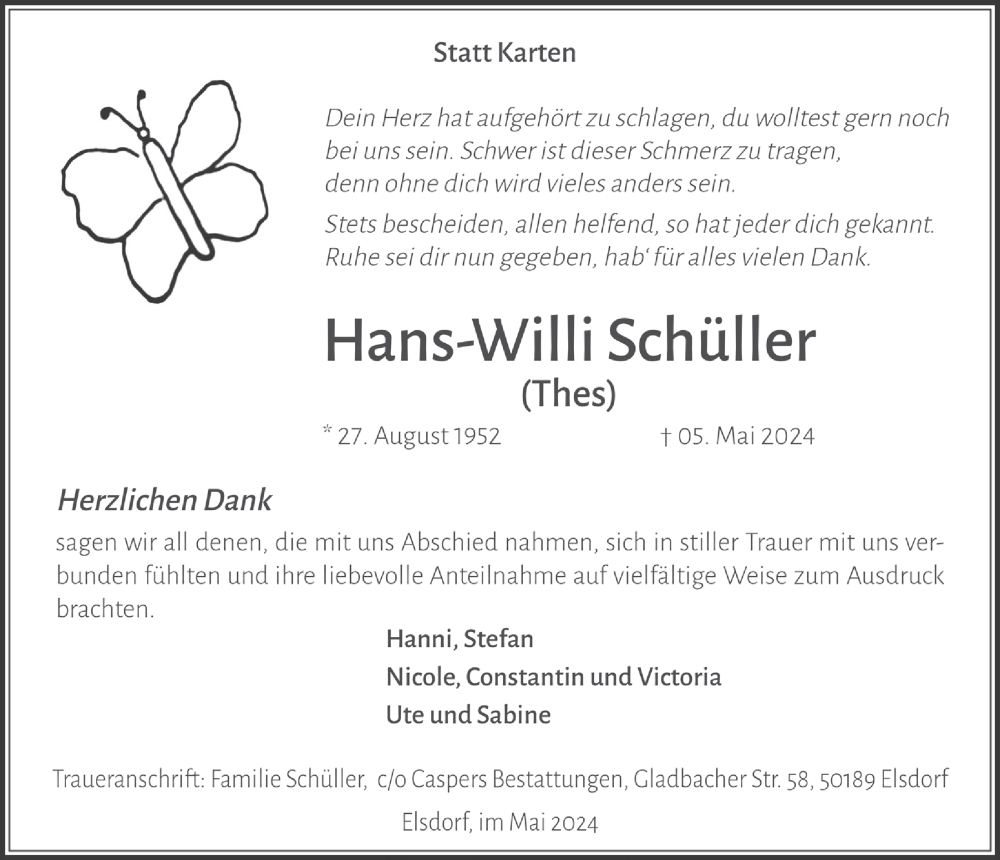  Traueranzeige für Hans-Willi Schüller vom 24.05.2024 aus  Werbepost 