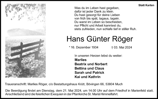 Anzeige von Hans Günter Röger von Kölner Stadt-Anzeiger / Kölnische Rundschau / Express