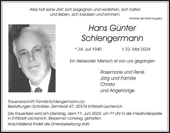 Anzeige von Hans Günter Schlengermann von  Werbepost 