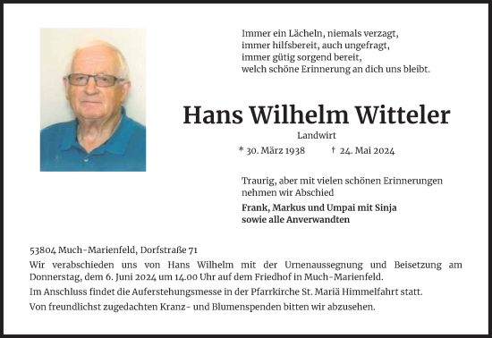 Anzeige von Hans Wilhelm Witteler von Kölner Stadt-Anzeiger / Kölnische Rundschau / Express