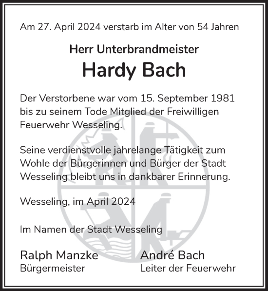 Anzeige von Hardy Bach von  Schlossbote/Werbekurier 