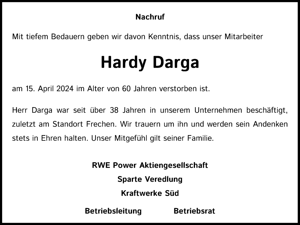  Traueranzeige für Hardy Darga vom 07.05.2024 aus Kölner Stadt-Anzeiger / Kölnische Rundschau / Express