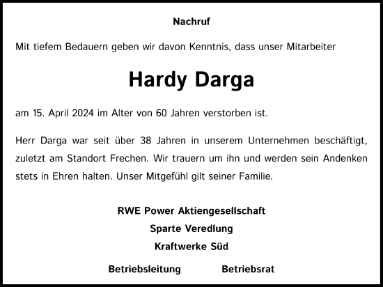 Anzeige von Hardy Darga von Kölner Stadt-Anzeiger / Kölnische Rundschau / Express