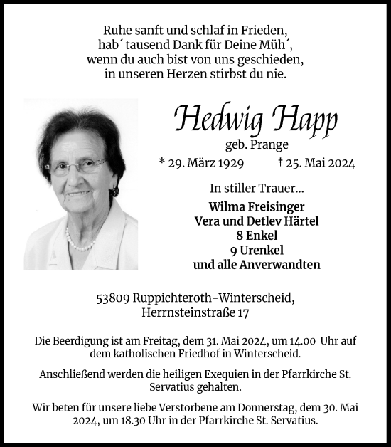 Anzeige von Hedwig Happ von Kölner Stadt-Anzeiger / Kölnische Rundschau / Express
