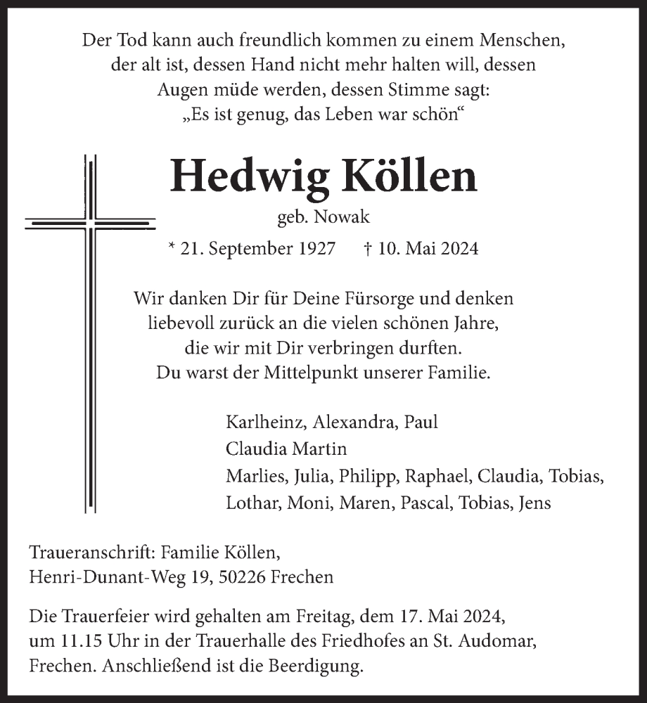  Traueranzeige für Hedwig Köllen vom 17.05.2024 aus  Wochenende 