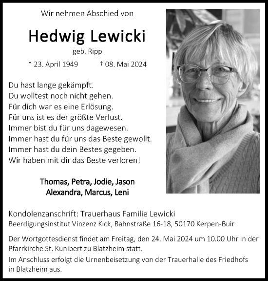 Anzeige von Hedwig Lewicki von Kölner Stadt-Anzeiger / Kölnische Rundschau / Express
