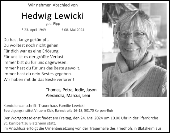 Anzeige von Hedwig Lewicki von  Werbepost 