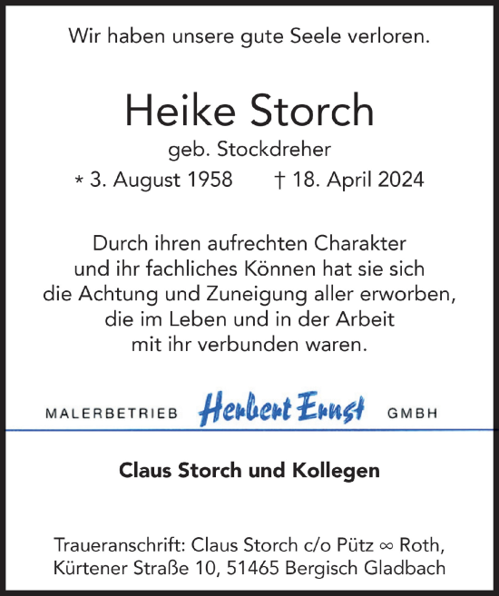 Anzeige von Heike Storch von  Bergisches Handelsblatt 