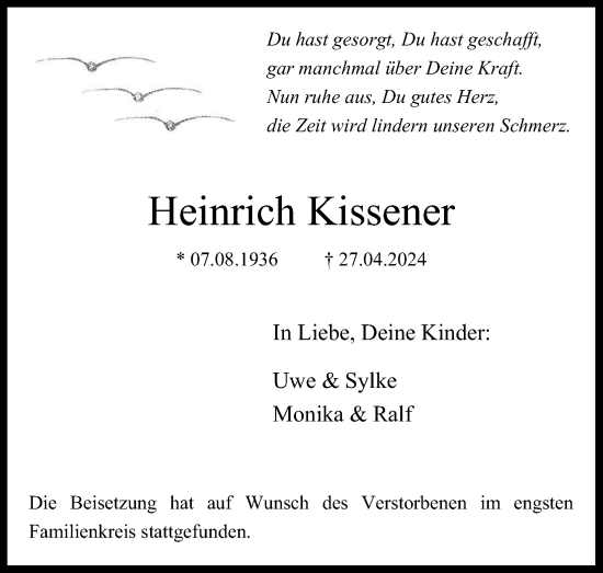 Anzeige von Heinrich Kissener von Kölner Stadt-Anzeiger / Kölnische Rundschau / Express