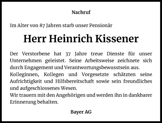 Anzeige von Heinrich Kissener von Kölner Stadt-Anzeiger / Kölnische Rundschau / Express