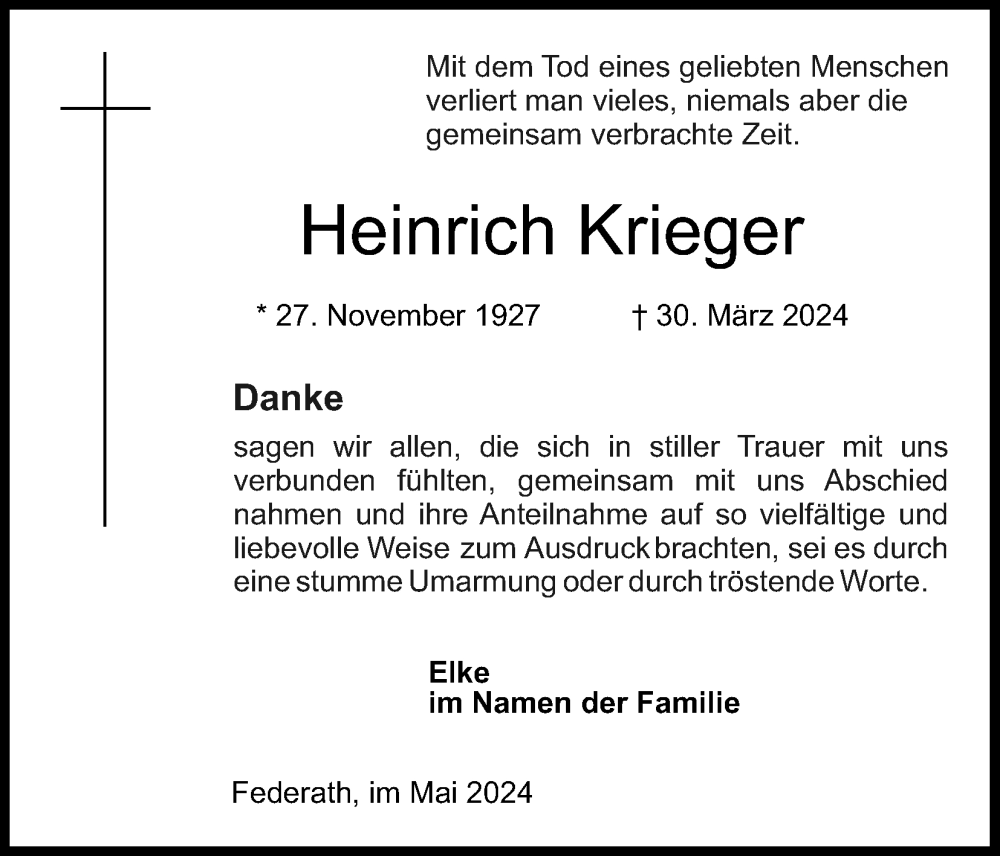  Traueranzeige für Heinrich Krieger vom 04.05.2024 aus Kölner Stadt-Anzeiger / Kölnische Rundschau / Express