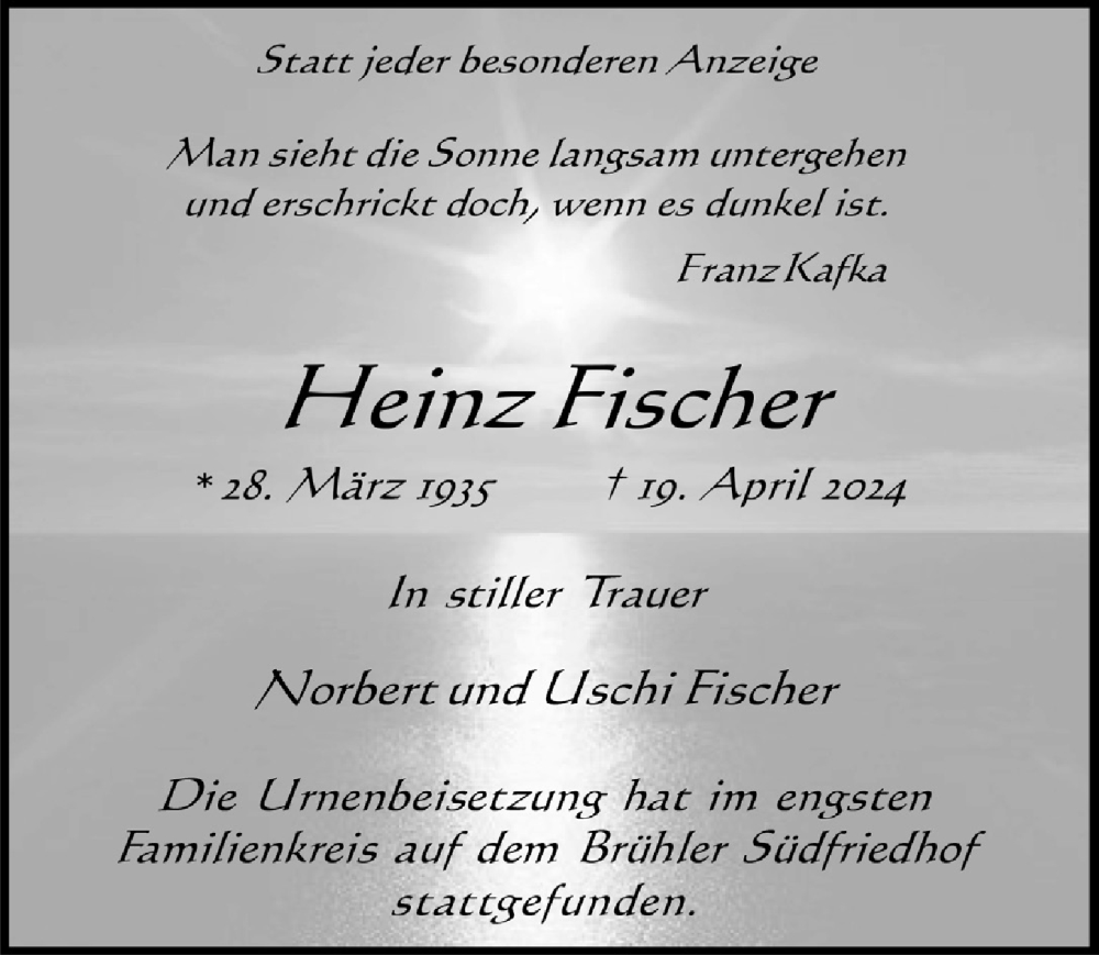  Traueranzeige für Heinz Fischer vom 10.05.2024 aus  Schlossbote/Werbekurier 