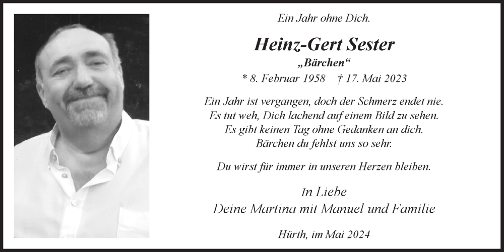  Traueranzeige für Heinz-Gert Sester vom 10.05.2024 aus  Wochenende 