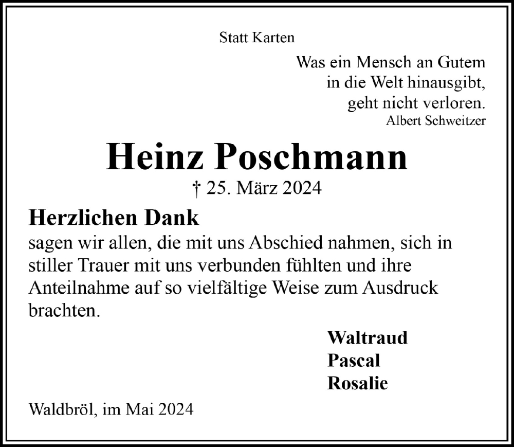  Traueranzeige für Heinz Poschmann vom 17.05.2024 aus  Lokalanzeiger 