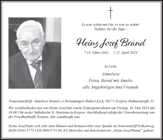 Anzeige von Heinz Josef Brand von  Werbepost 