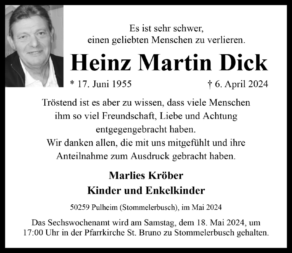  Traueranzeige für Heinz Martin Dick vom 10.05.2024 aus  Wochenende 