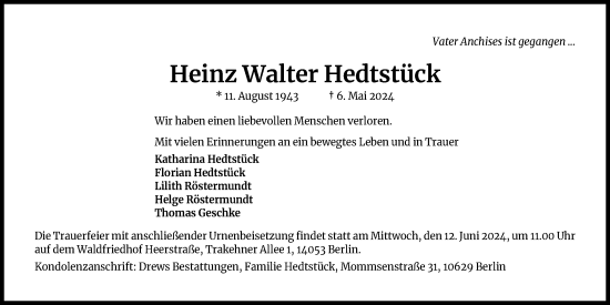 Anzeige von Heinz Walter Hedtstück von Kölner Stadt-Anzeiger / Kölnische Rundschau / Express