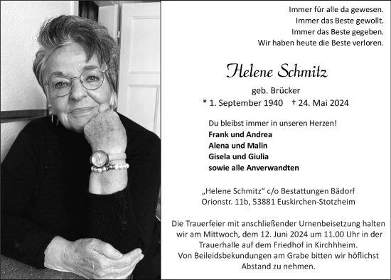 Anzeige von Helene Schmitz von  Blickpunkt Euskirchen 