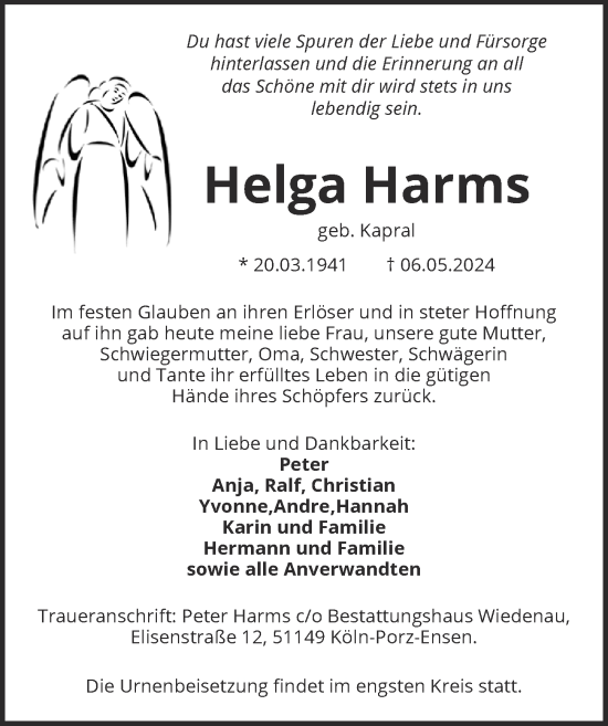 Anzeige von Helga Harms von  EXPRESS - Die Woche 