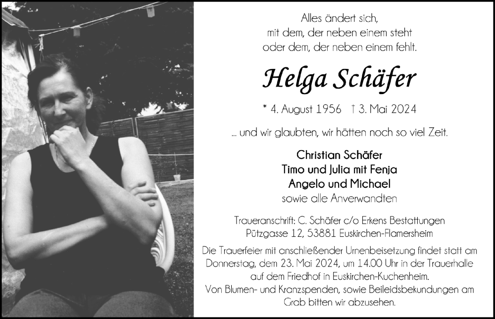  Traueranzeige für Helga Schäfer vom 18.05.2024 aus  Blickpunkt Euskirchen 