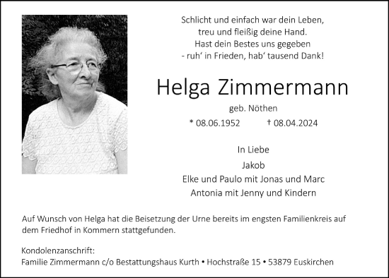 Anzeige von Helga Zimmermann von  Blickpunkt Euskirchen 