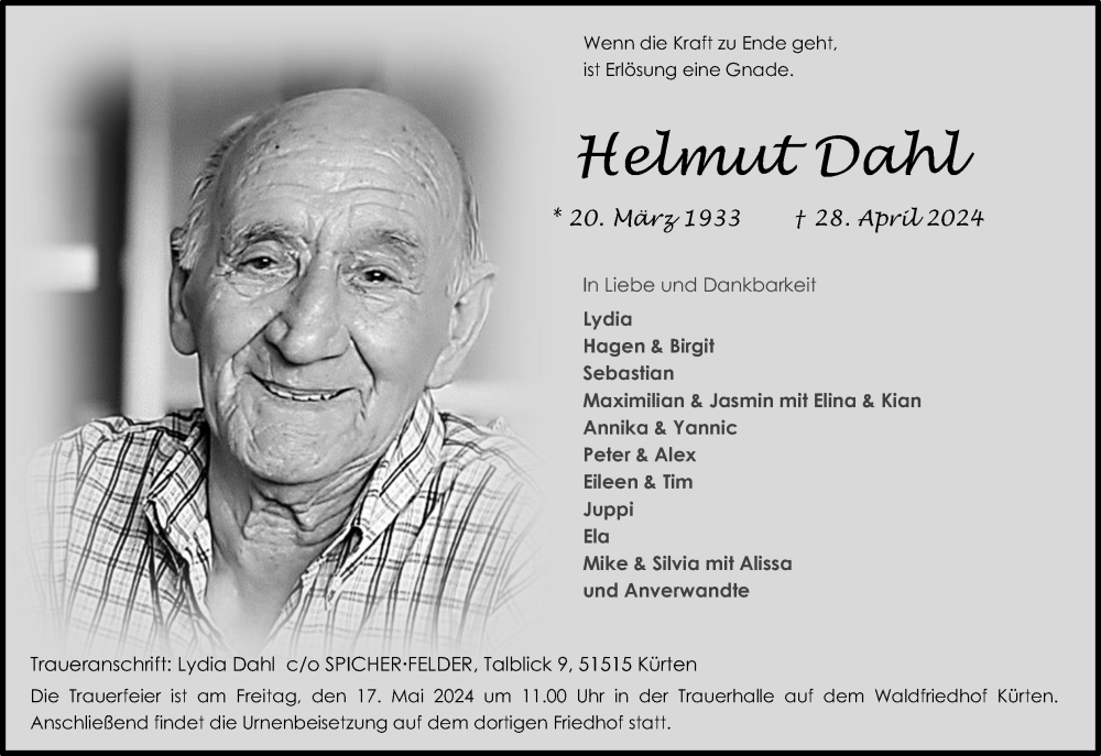  Traueranzeige für Helmut Dahl vom 11.05.2024 aus Kölner Stadt-Anzeiger / Kölnische Rundschau / Express