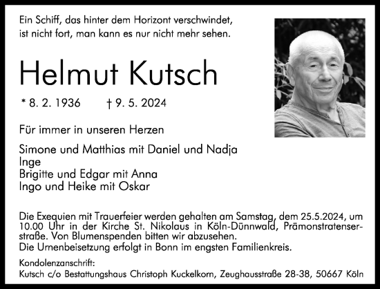 Anzeige von Helmut Kutsch von Kölner Stadt-Anzeiger / Kölnische Rundschau / Express