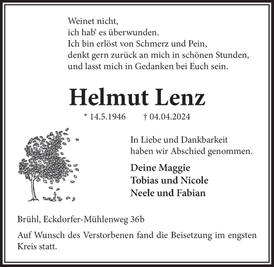 Anzeige von Helmut Lenz von  Schlossbote/Werbekurier 
