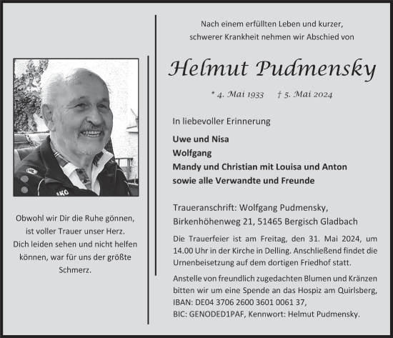Anzeige von Helmut Pudmensky von  Bergisches Handelsblatt 
