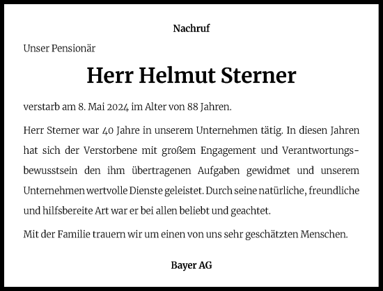 Anzeige von Helmut Sterner von Kölner Stadt-Anzeiger / Kölnische Rundschau / Express