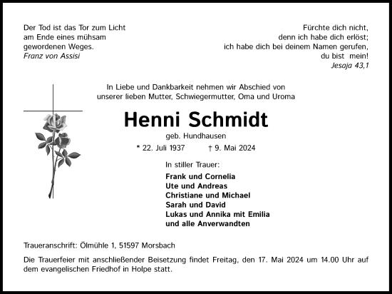 Anzeige von Henni Schmidt von Kölner Stadt-Anzeiger / Kölnische Rundschau / Express