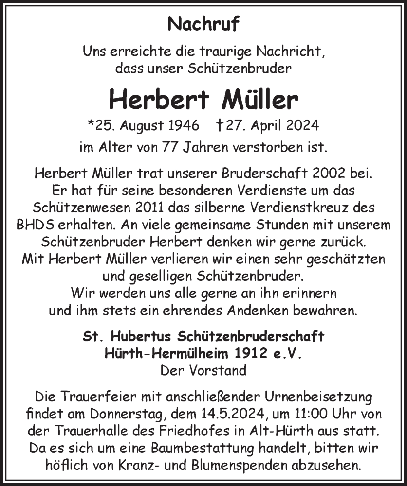  Traueranzeige für Herbert Müller vom 10.05.2024 aus  Wochenende 