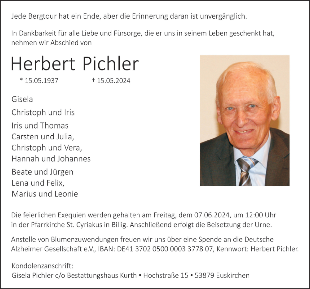  Traueranzeige für Herbert Pichler vom 01.06.2024 aus  Blickpunkt Euskirchen 