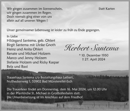 Anzeige von Herbert Santema von  Blickpunkt Euskirchen 