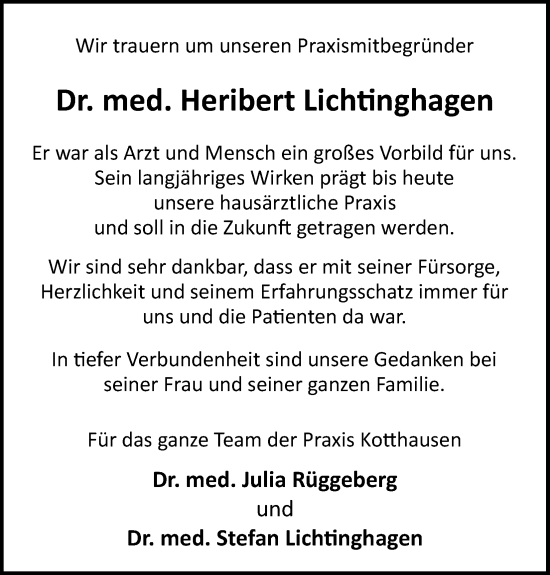 Anzeige von Heribert Lichtinghagen von Kölner Stadt-Anzeiger / Kölnische Rundschau / Express