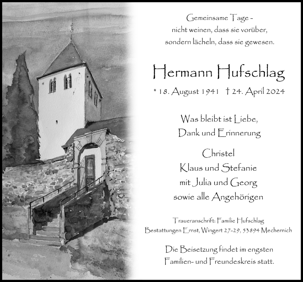  Traueranzeige für Hermann Hufschlag vom 04.05.2024 aus  Blickpunkt Euskirchen 
