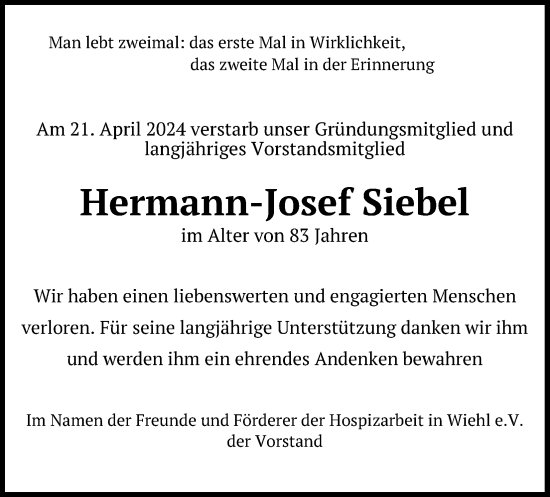 Anzeige von Hermann-Josef Siebel von Kölner Stadt-Anzeiger / Kölnische Rundschau / Express