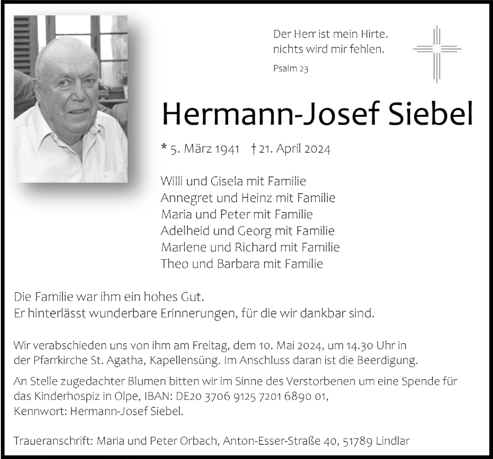  Traueranzeige für Hermann-Josef Siebel vom 03.05.2024 aus  Anzeigen Echo 