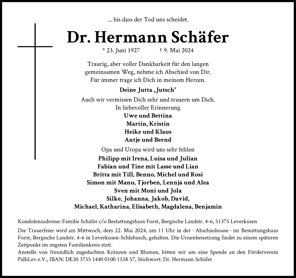  Traueranzeige für Hermann Schäfer vom 18.05.2024 aus Kölner Stadt-Anzeiger / Kölnische Rundschau / Express