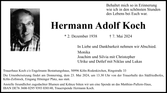 Anzeige von Hermann Adolf Koch von Kölner Stadt-Anzeiger / Kölnische Rundschau / Express