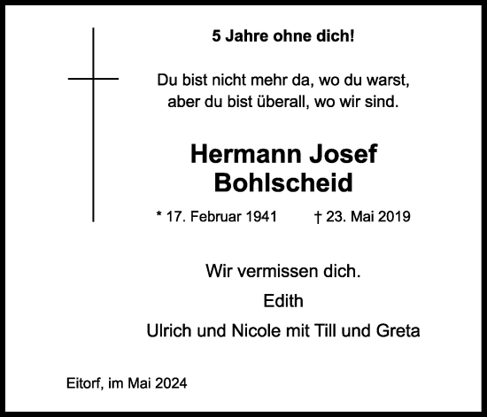 Anzeige von Hermann Josef Bohlscheid von Kölner Stadt-Anzeiger / Kölnische Rundschau / Express