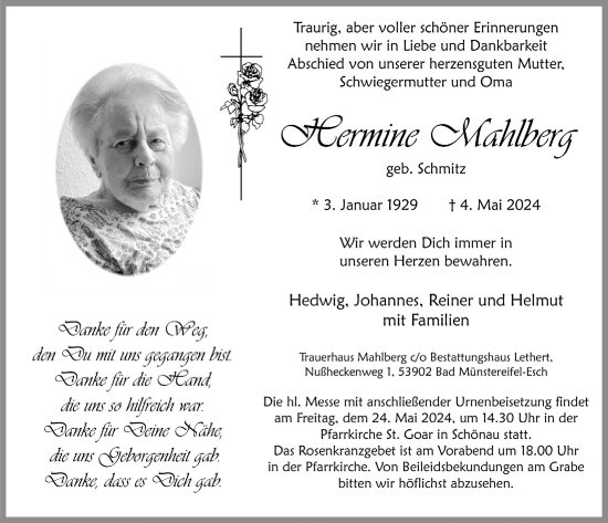 Anzeige von Hermine Mahlberg von  Blickpunkt Euskirchen 