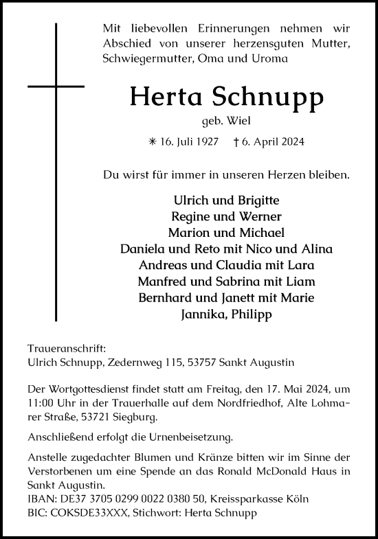 Anzeige von Herta Schnupp von Kölner Stadt-Anzeiger / Kölnische Rundschau / Express