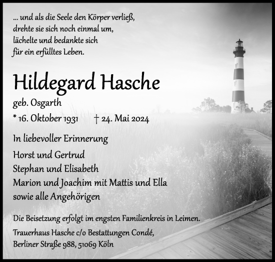 Anzeige von Hildegard Hasche von Kölner Stadt-Anzeiger / Kölnische Rundschau / Express