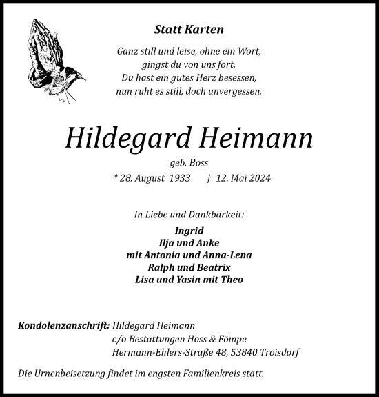 Anzeige von Hildegard Heimann von Kölner Stadt-Anzeiger / Kölnische Rundschau / Express