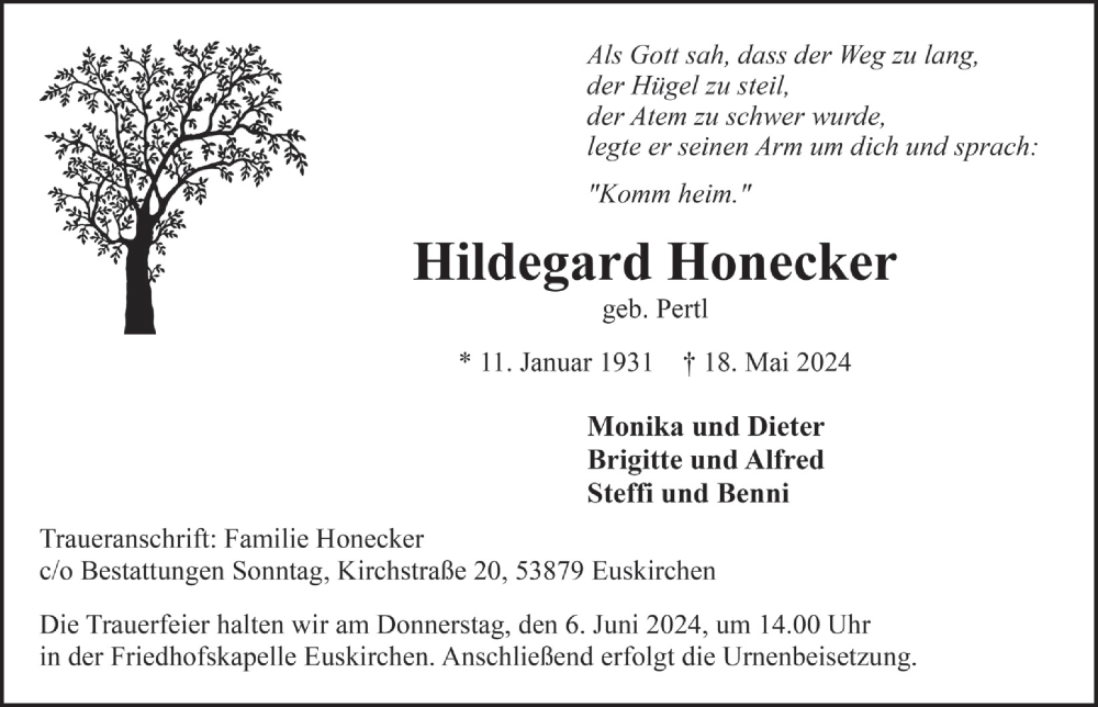  Traueranzeige für Hildegard Honecker vom 01.06.2024 aus  Blickpunkt Euskirchen 